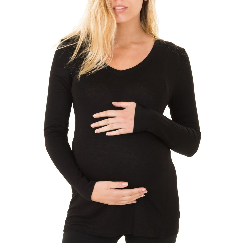 Caramel Cantina Maternity Soft Long Sleeve V-Neck Shirt Black CC807 New NWT